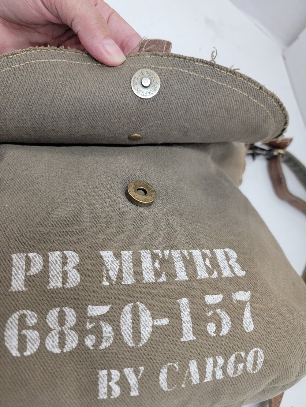 Myra Bag Canvas & Leather Hide Crossbody Bag Upcycled Military Canvas - Picture 9 of 12